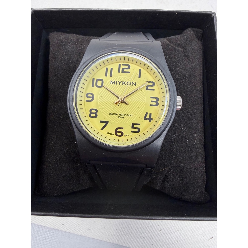 Miykon Mens Sport Watch Yellow Dial Black Resin Strap 100M Water Resist New
